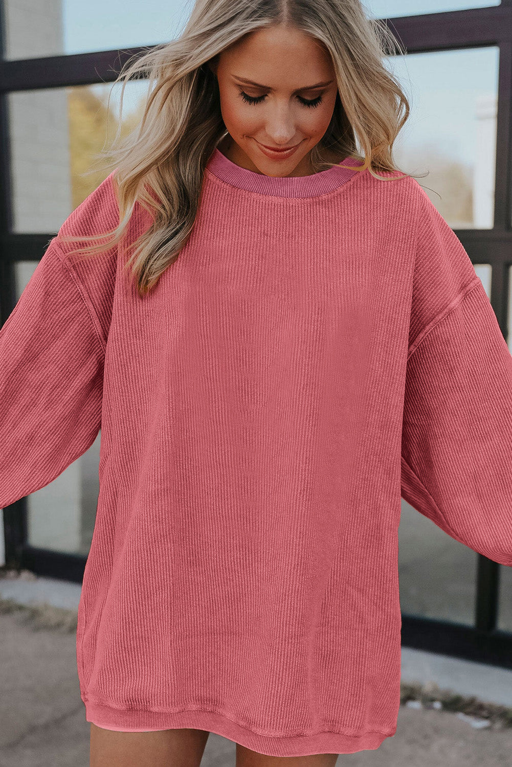 Grass Green Rib Knit Drop Shoulder Oversized Sweatshirt