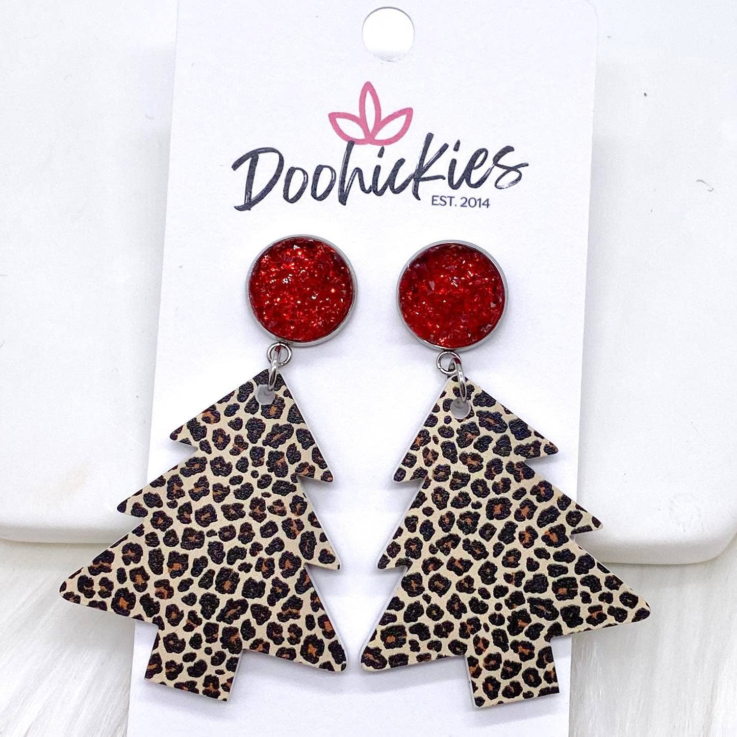 2" Leopard Acrylic Tree Dangles -Christmas Earrings
