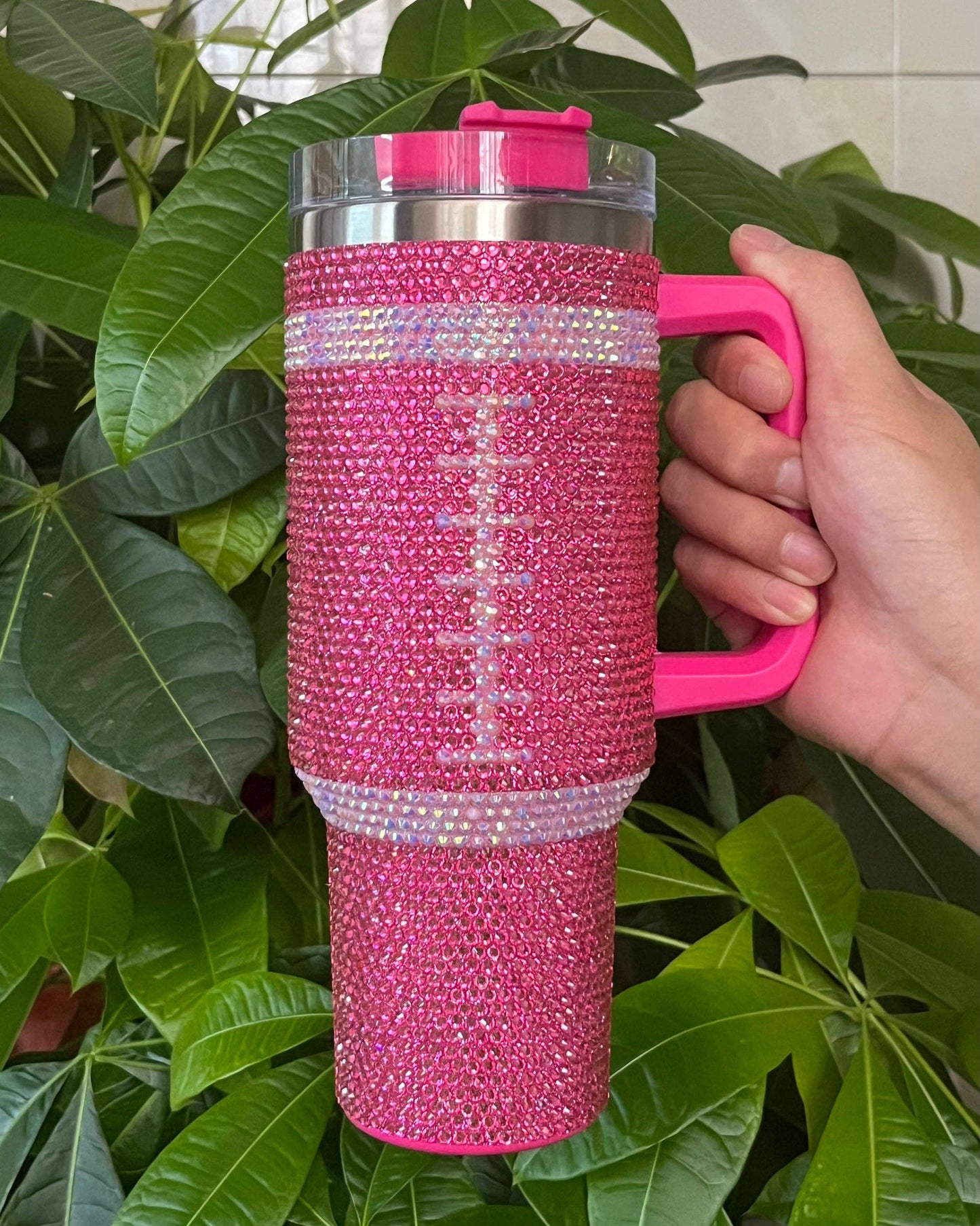 Pink Crystal Football "Blinged Out" Tumbler