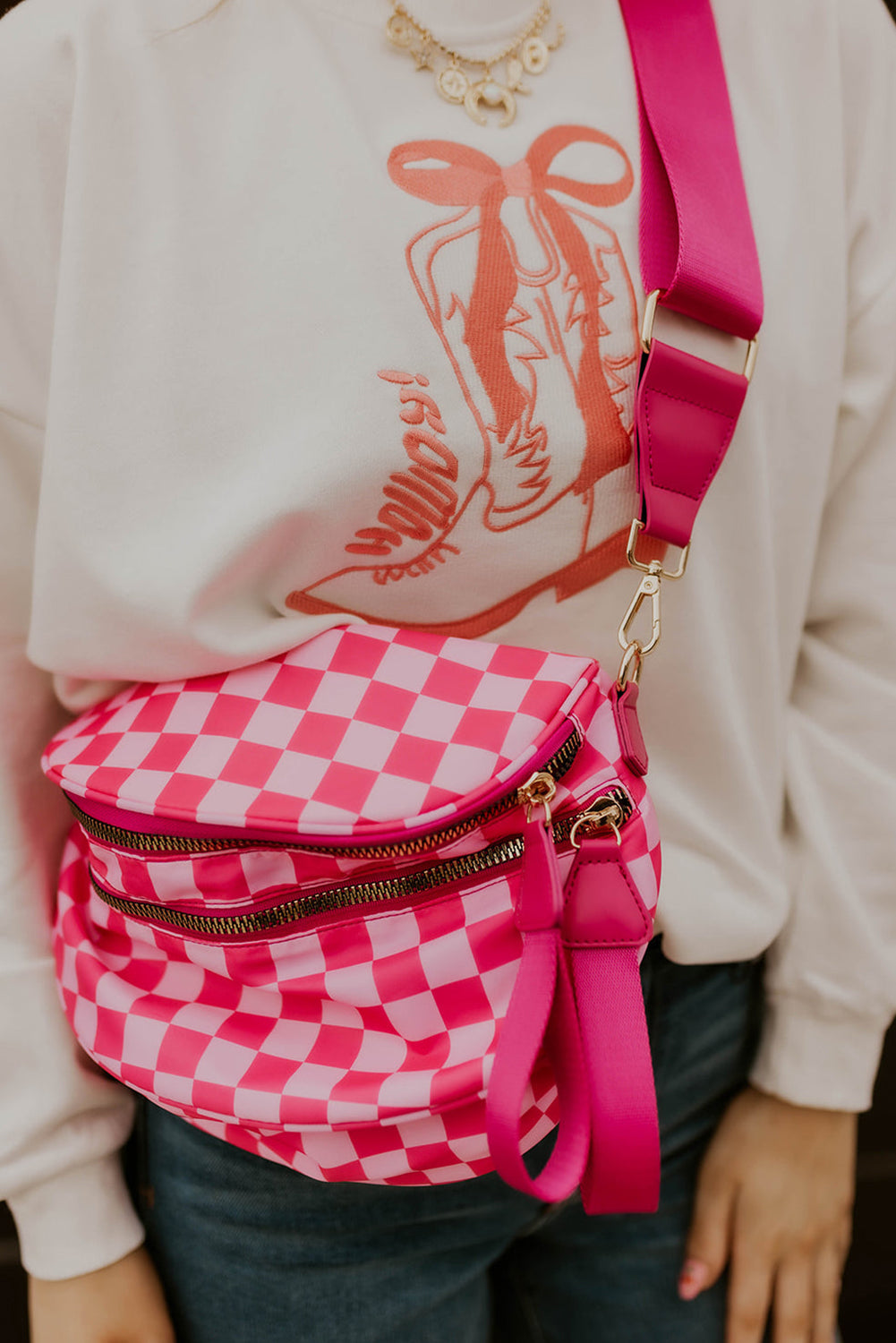 Phalaenopsis Checkered Print Wide Strap Large Crossbody Bag