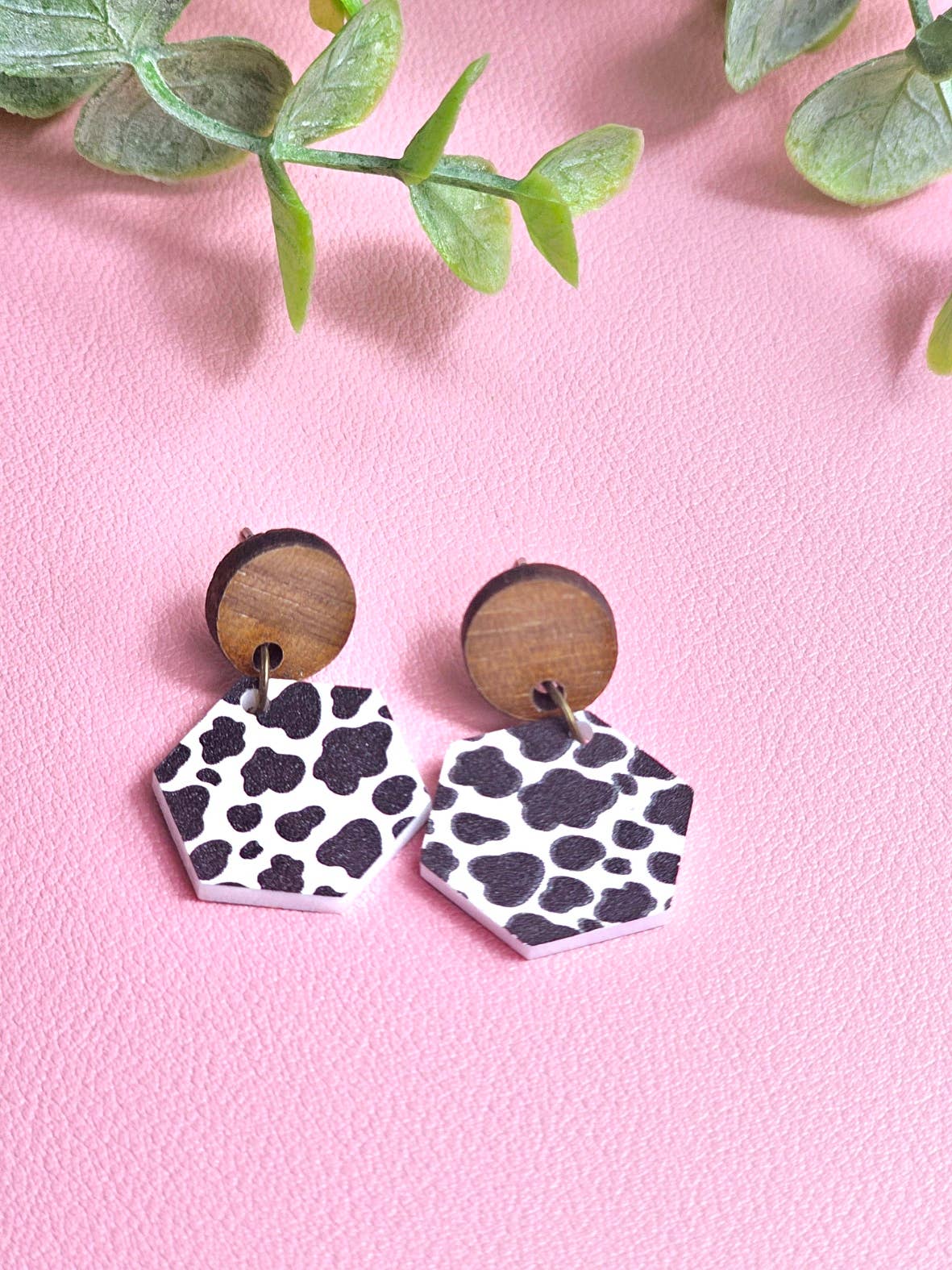Cow Print Earrings with Wooden Stud Topper