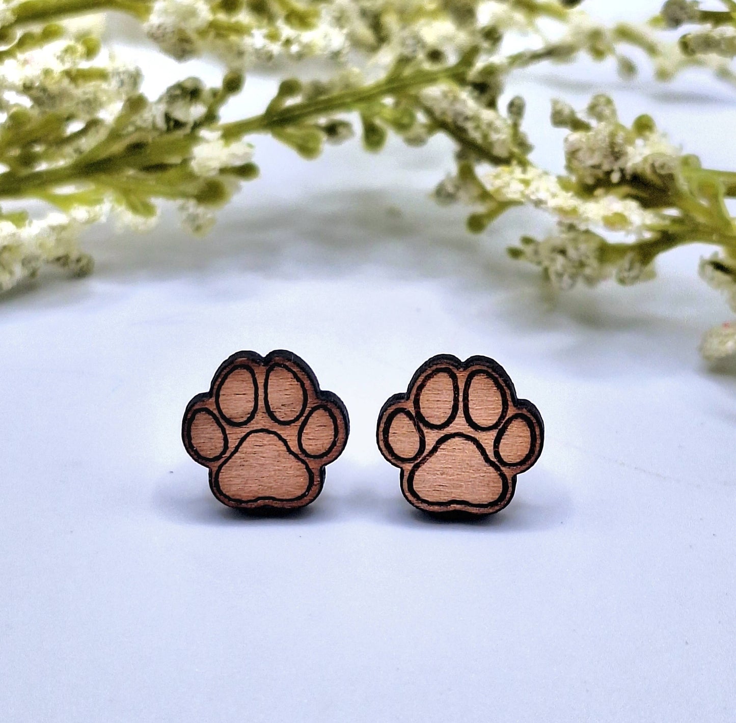 Wooden Paw Print Stud Earrings