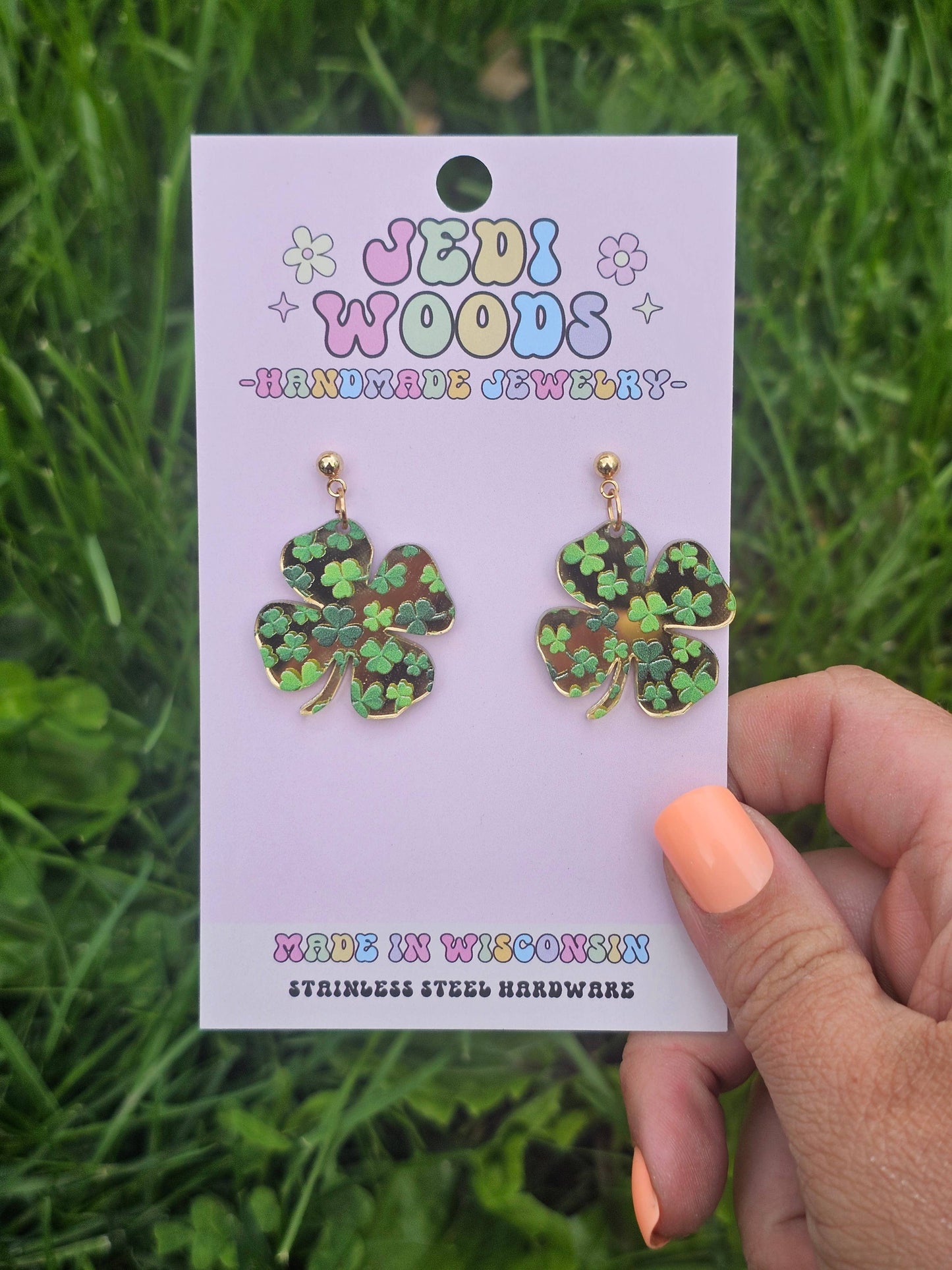 Gold Mirror Clover Earrings for St. Patricks Day