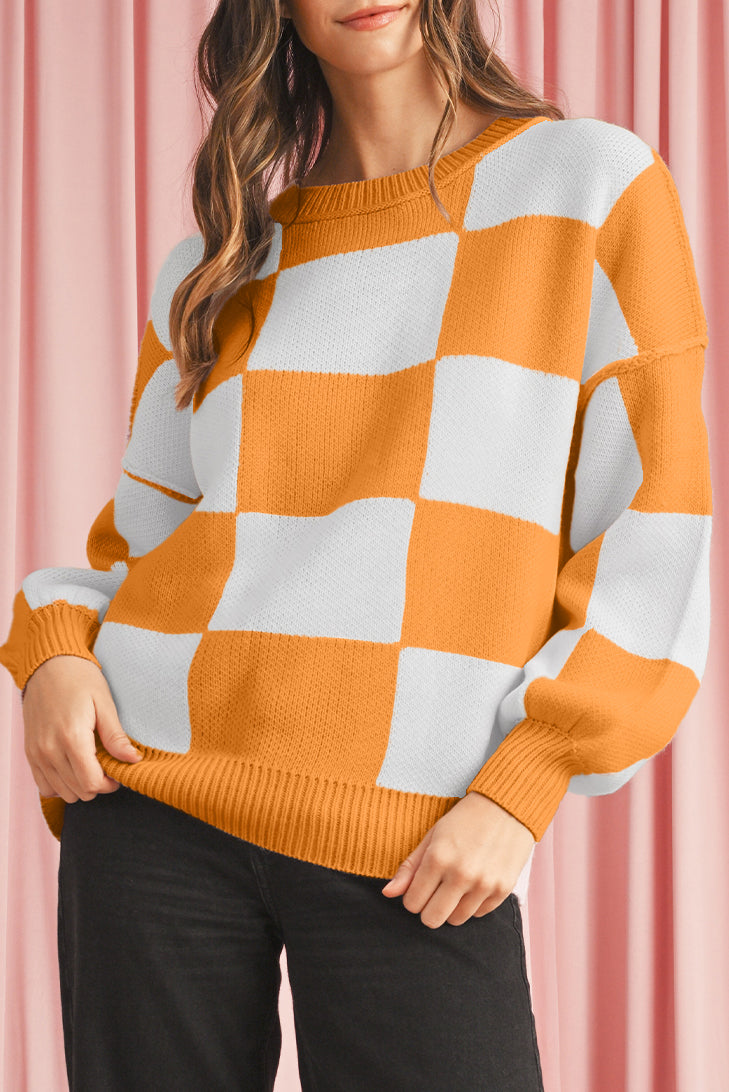 Green Checkered Bishop Sleeve Pullover Sweater