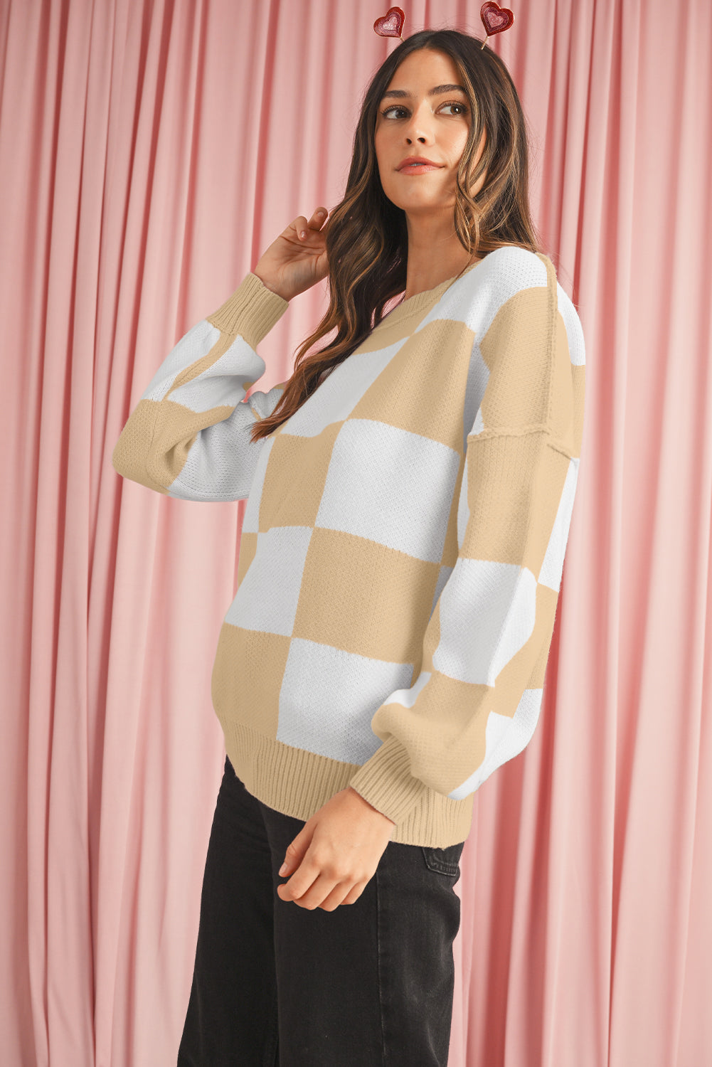 Green Checkered Bishop Sleeve Pullover Sweater