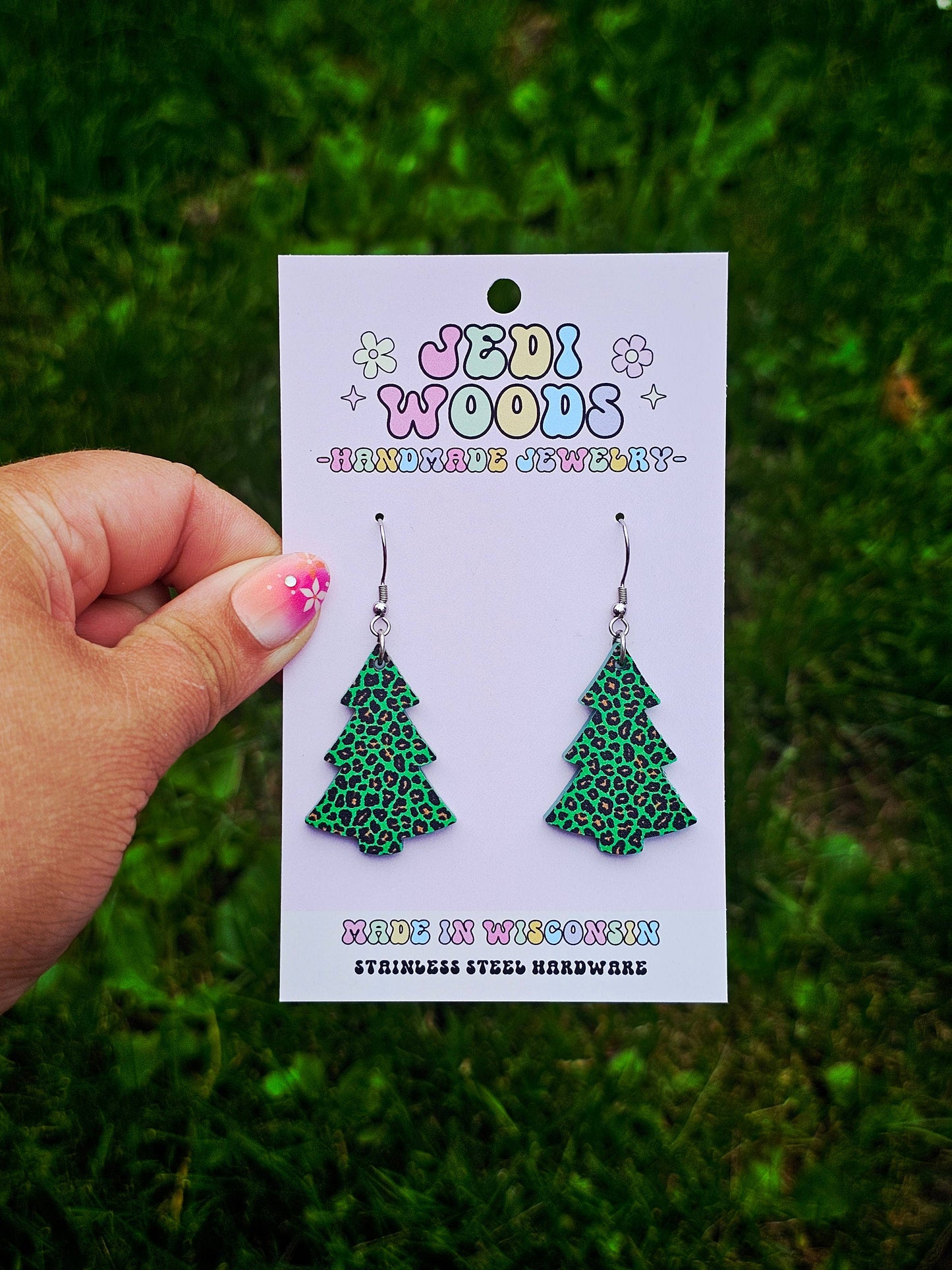 Green Leopard Christmas Tree Earrings