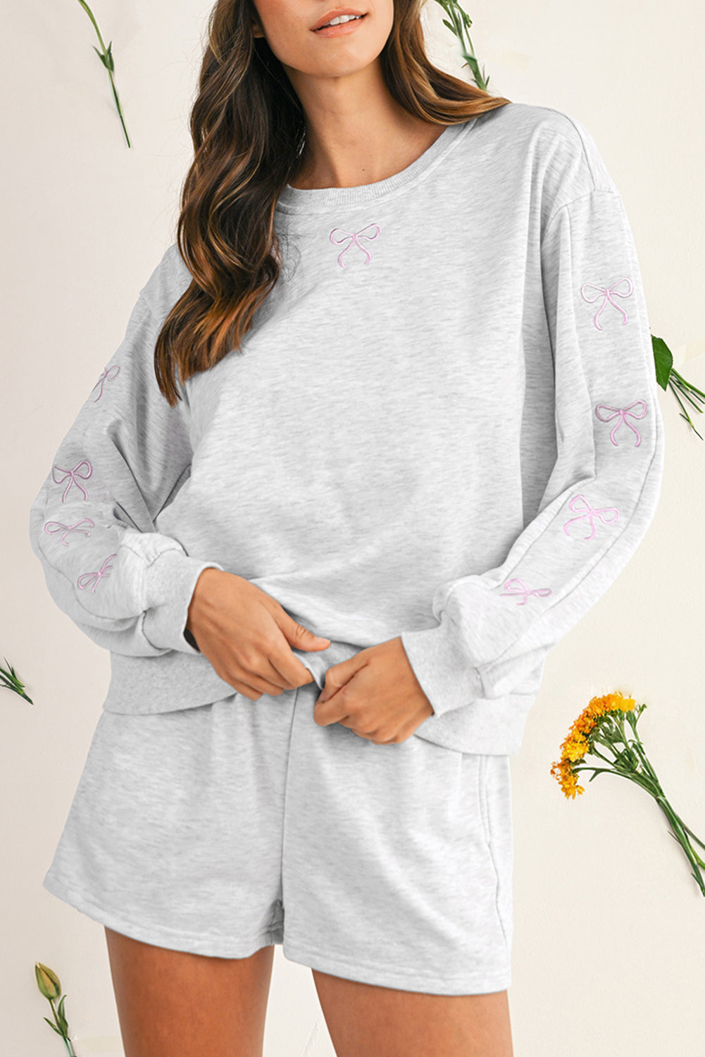 Sachet Pink Bow Embroidery Long Sleeve Pullover and High Waist Shorts Set