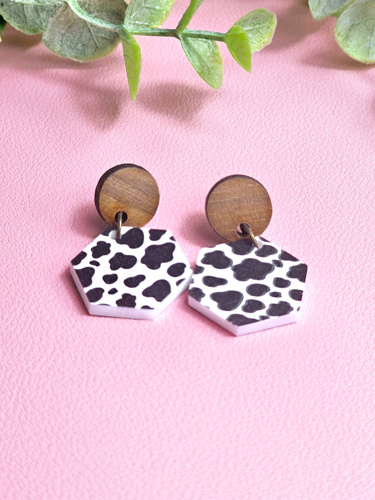 Cow Print Earrings with Wooden Stud Topper