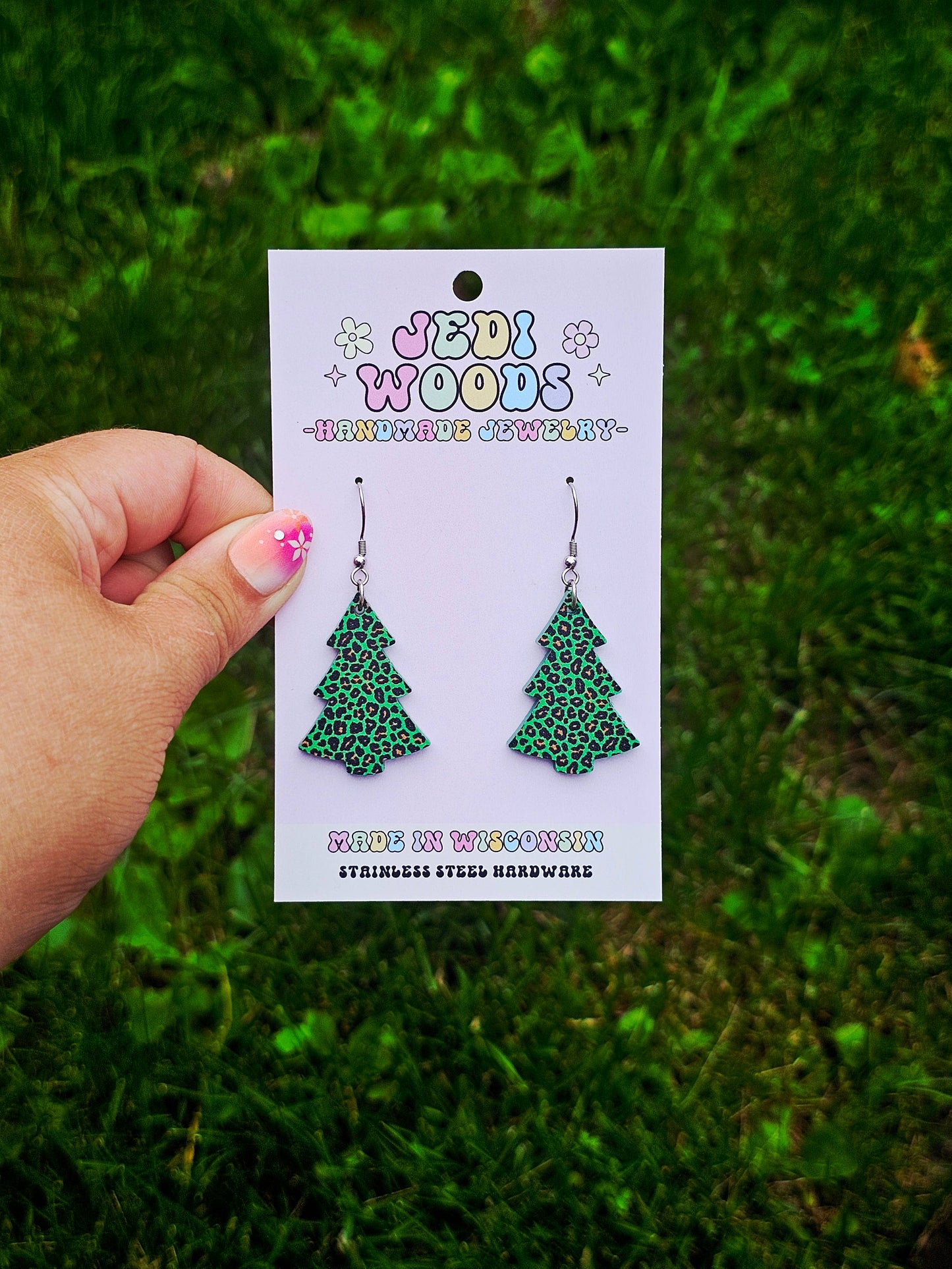 Green Leopard Christmas Tree Earrings