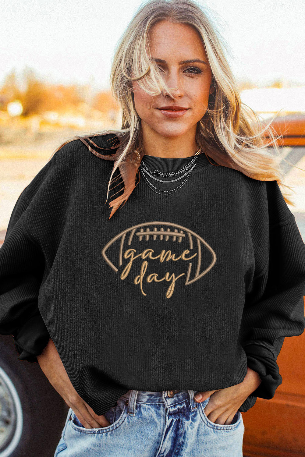 Black Football Graphic Drop Shoulder Game Day Corded Sweatshirt