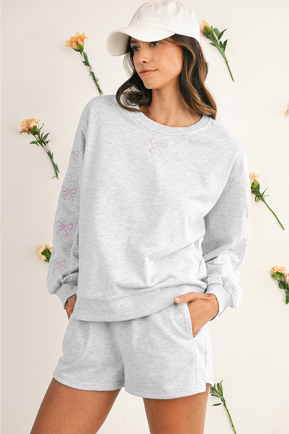 Sachet Pink Bow Embroidery Long Sleeve Pullover and High Waist Shorts Set