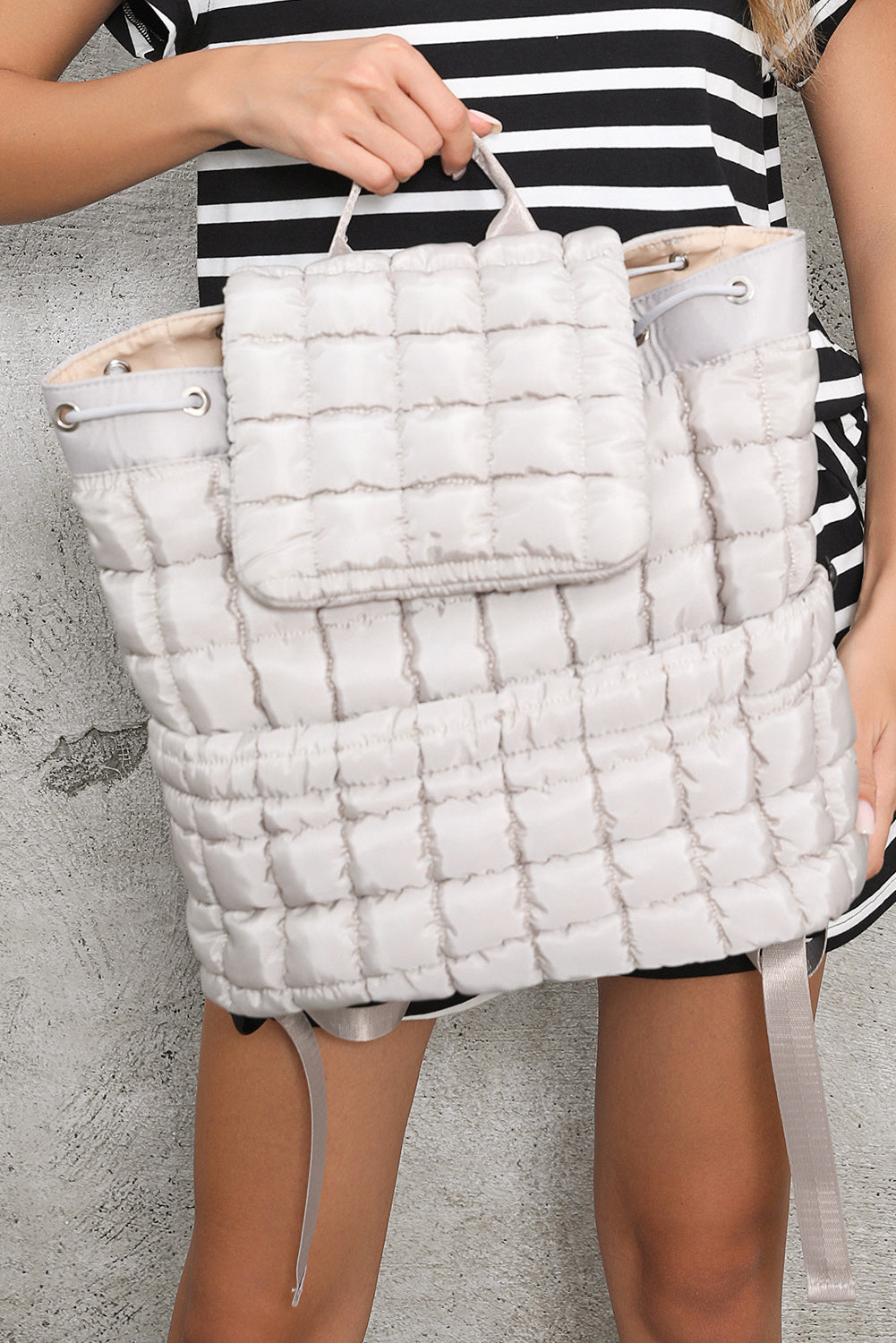 Pink Solid Flapped Quilted Puffer Backpack