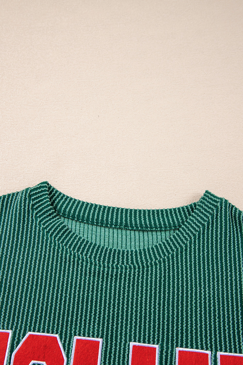 Evergreen Crinkle Rib JOLLY Pattern Long Sleeve Top and Pockets Pants Set