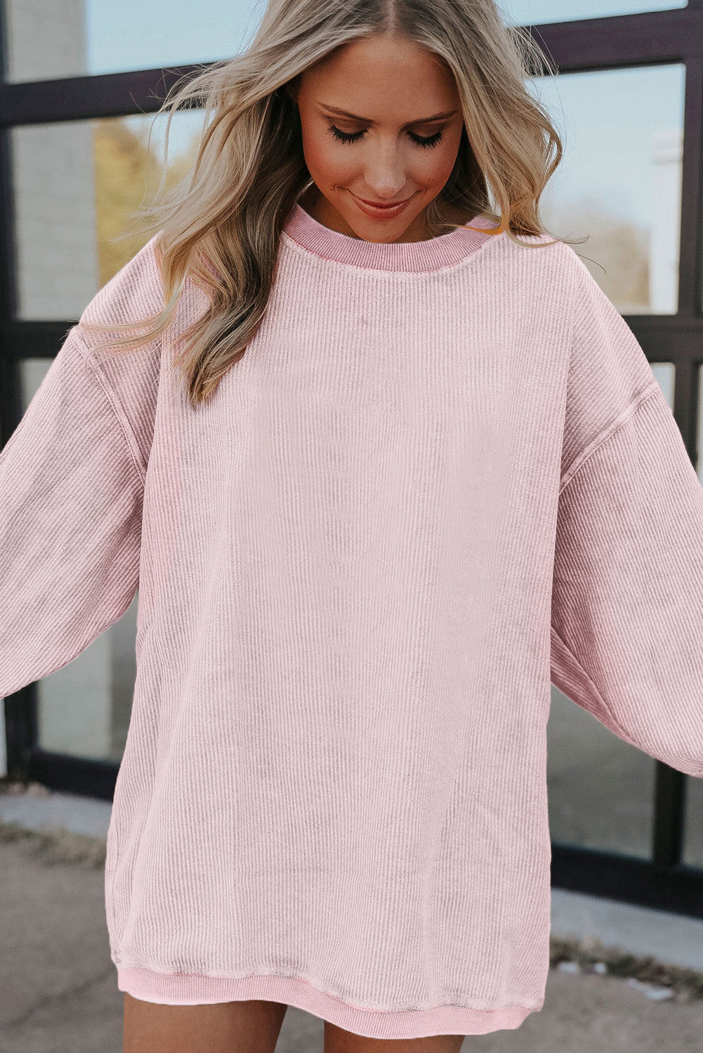 Grass Green Rib Knit Drop Shoulder Oversized Sweatshirt
