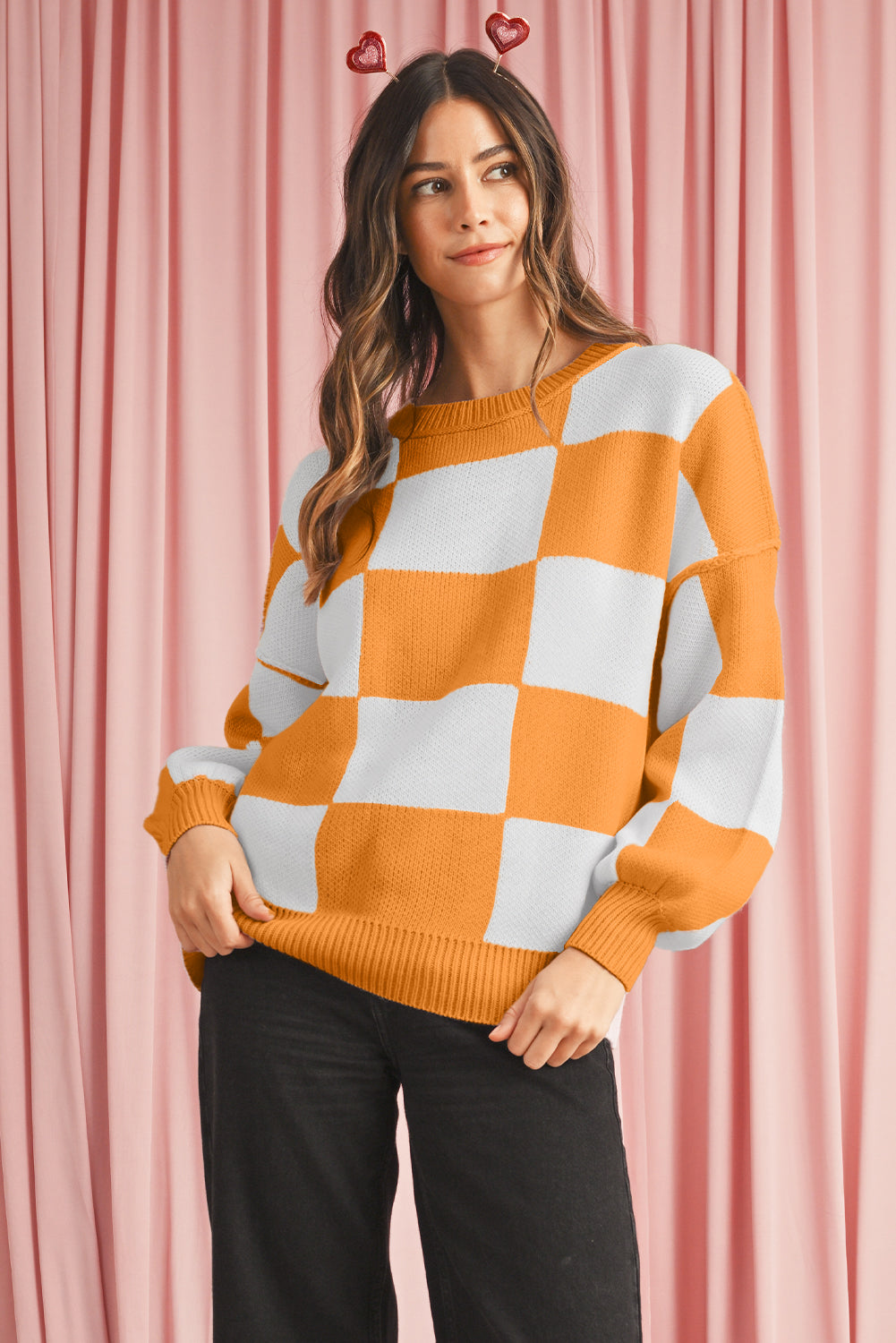 Green Checkered Bishop Sleeve Pullover Sweater