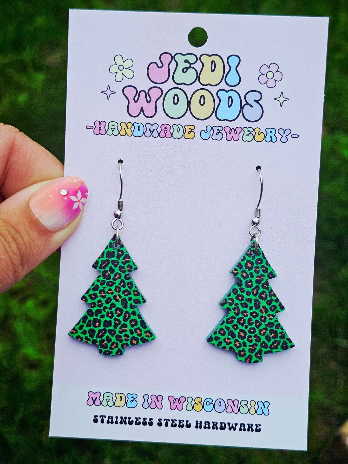 Green Leopard Christmas Tree Earrings