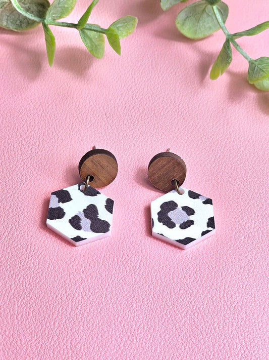 Black and White Cheetah Print Earring with Wood Stud Topper