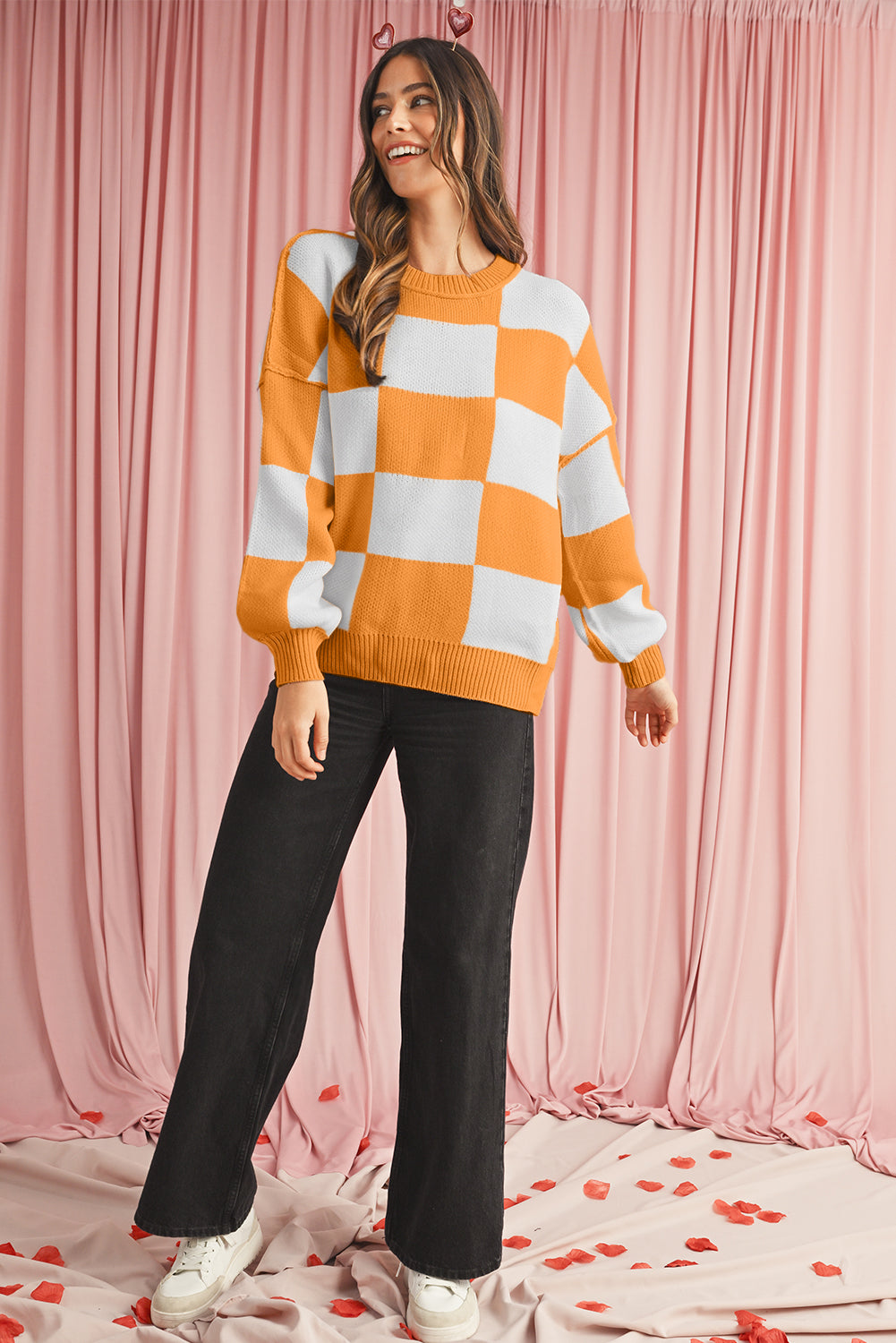 Green Checkered Bishop Sleeve Pullover Sweater