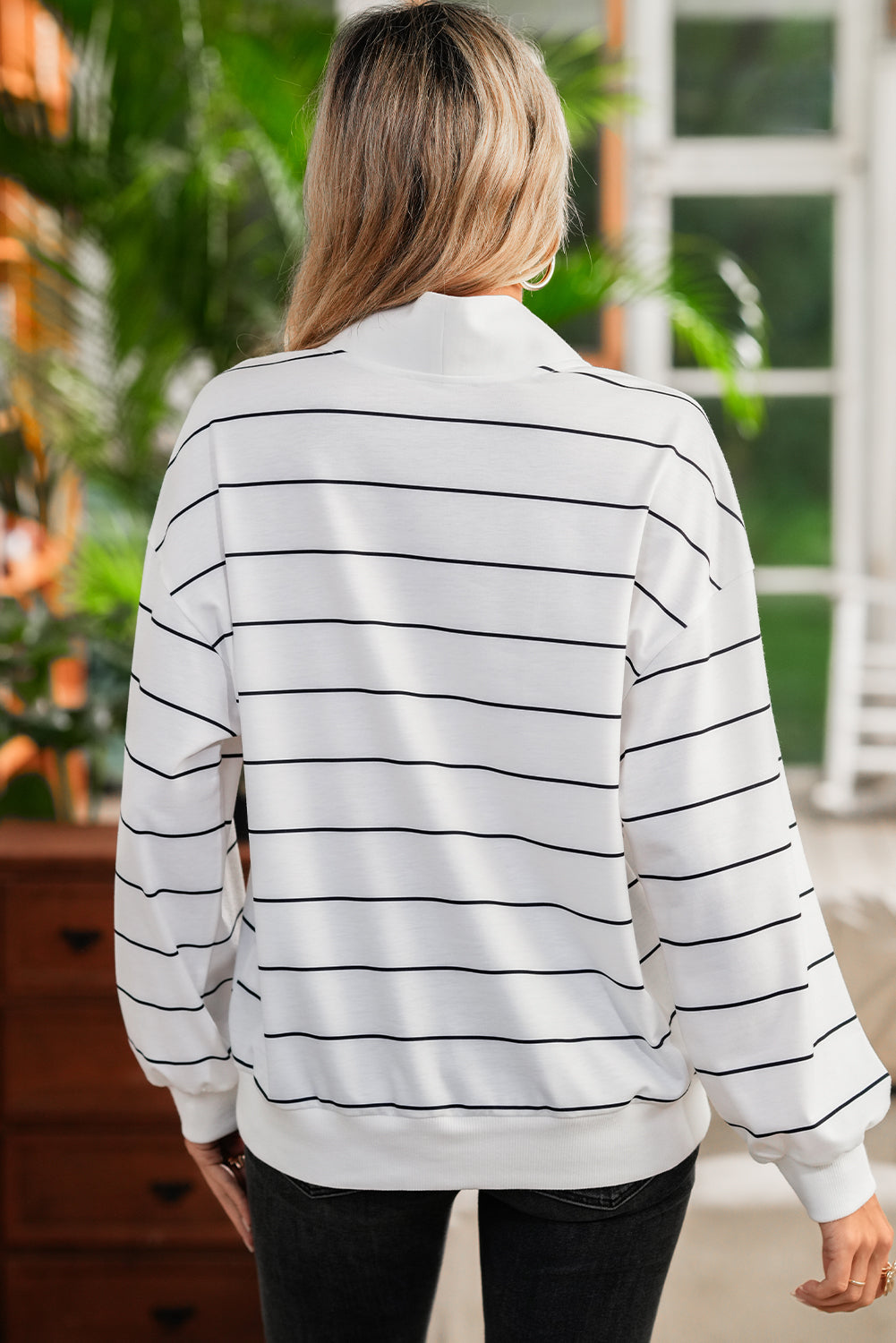 Fiery Red Striped Zipper V-Neck Drop Sleeve Top