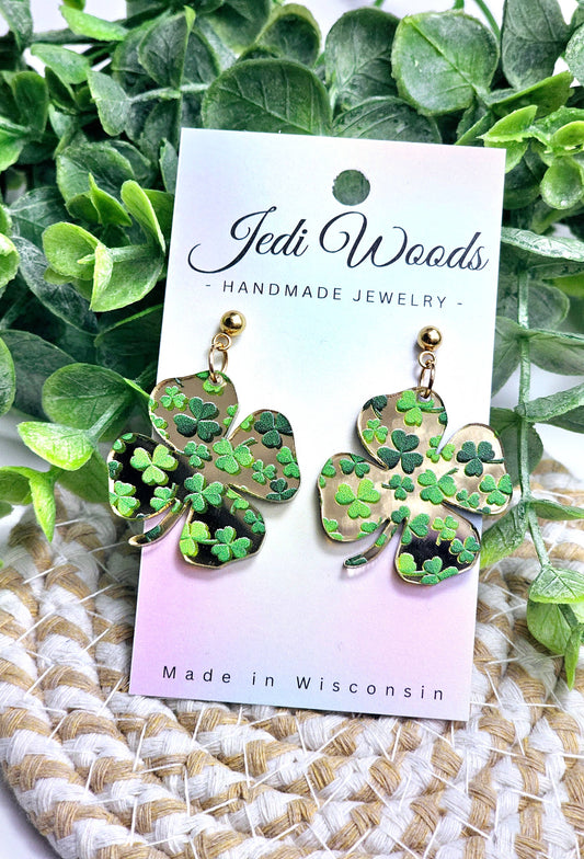 Gold Mirror Clover Earrings for St. Patricks Day