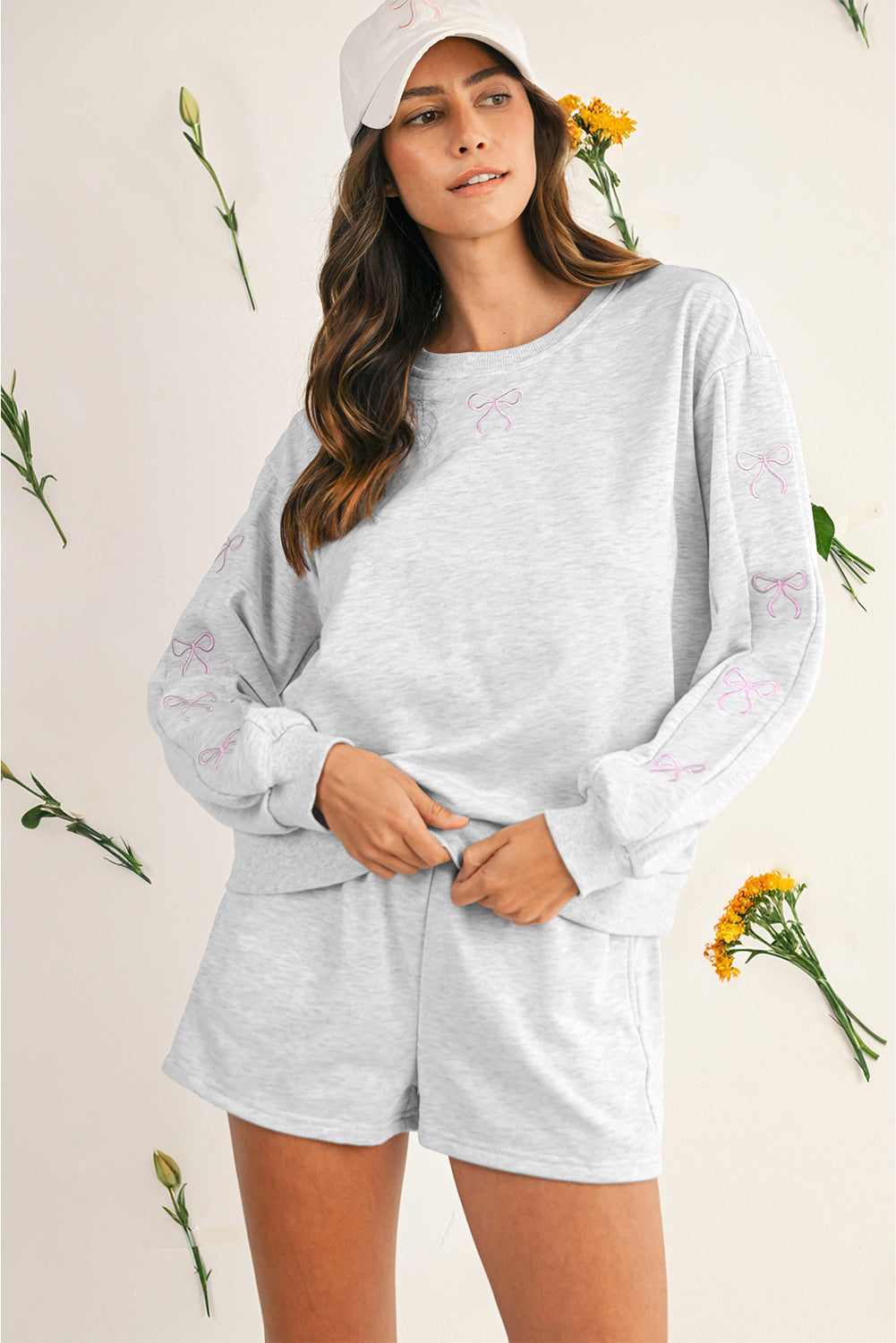 Sachet Pink Bow Embroidery Long Sleeve Pullover and High Waist Shorts Set