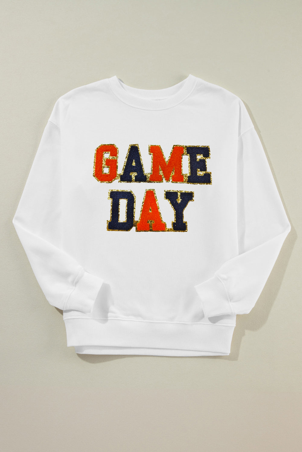 White Chenille GAME DAY Letter Round Neck Sweatshirt