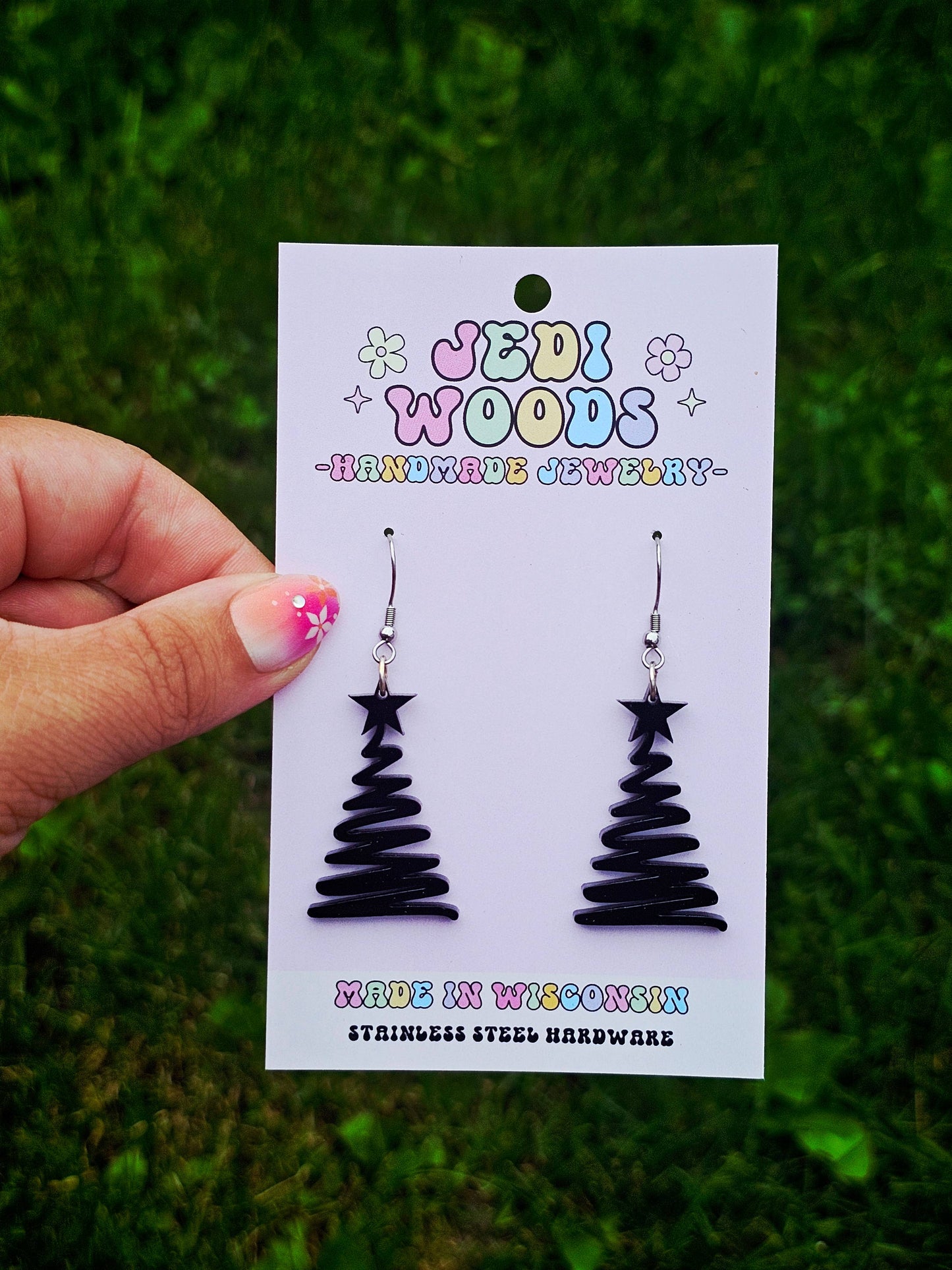 Gothic Black Squiggly Christmas Tree Earrings
