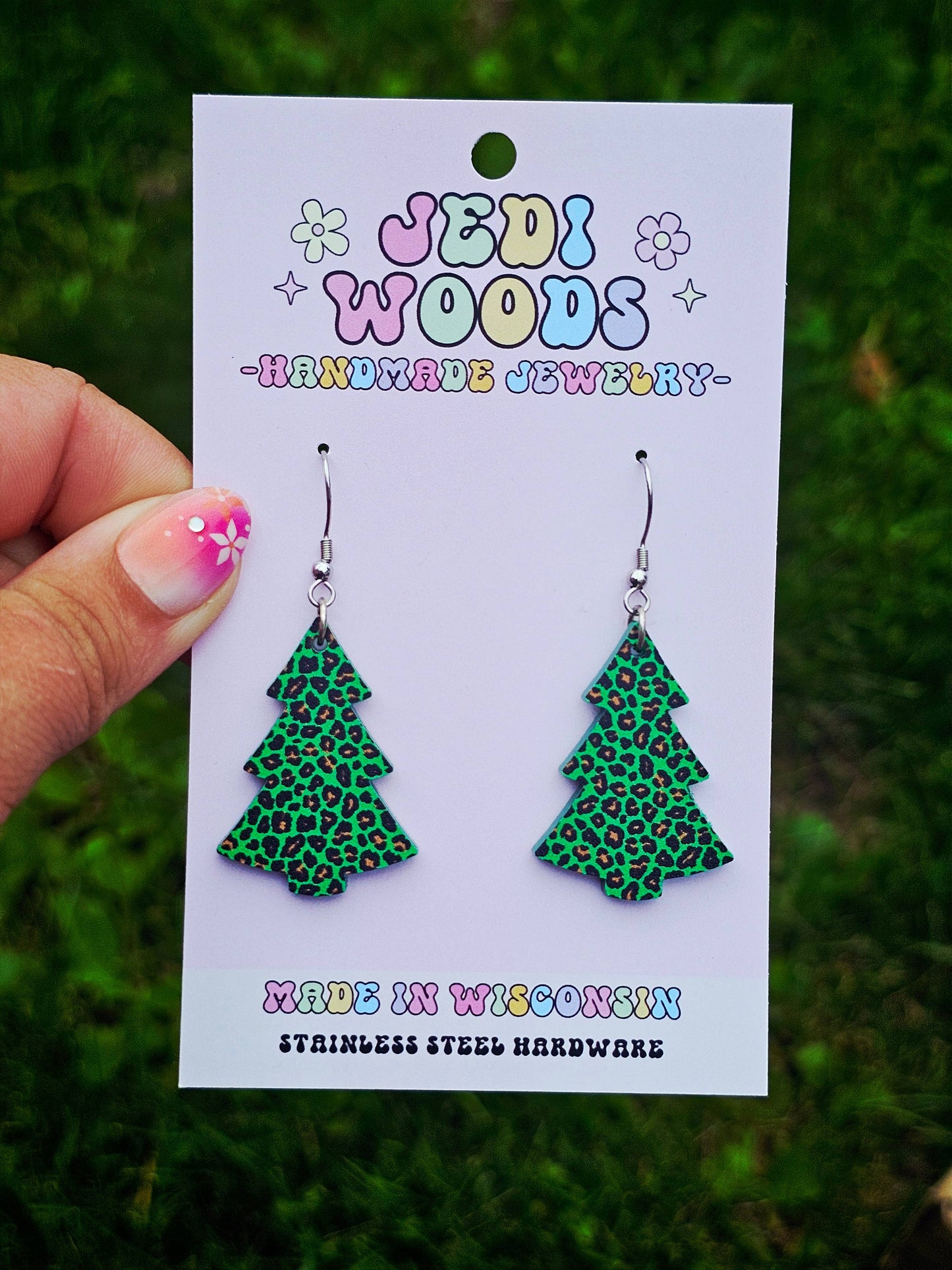 Green Leopard Christmas Tree Earrings