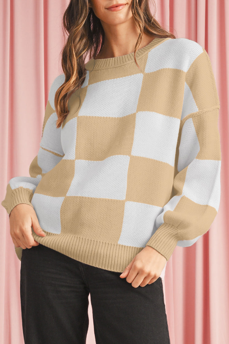 Green Checkered Bishop Sleeve Pullover Sweater