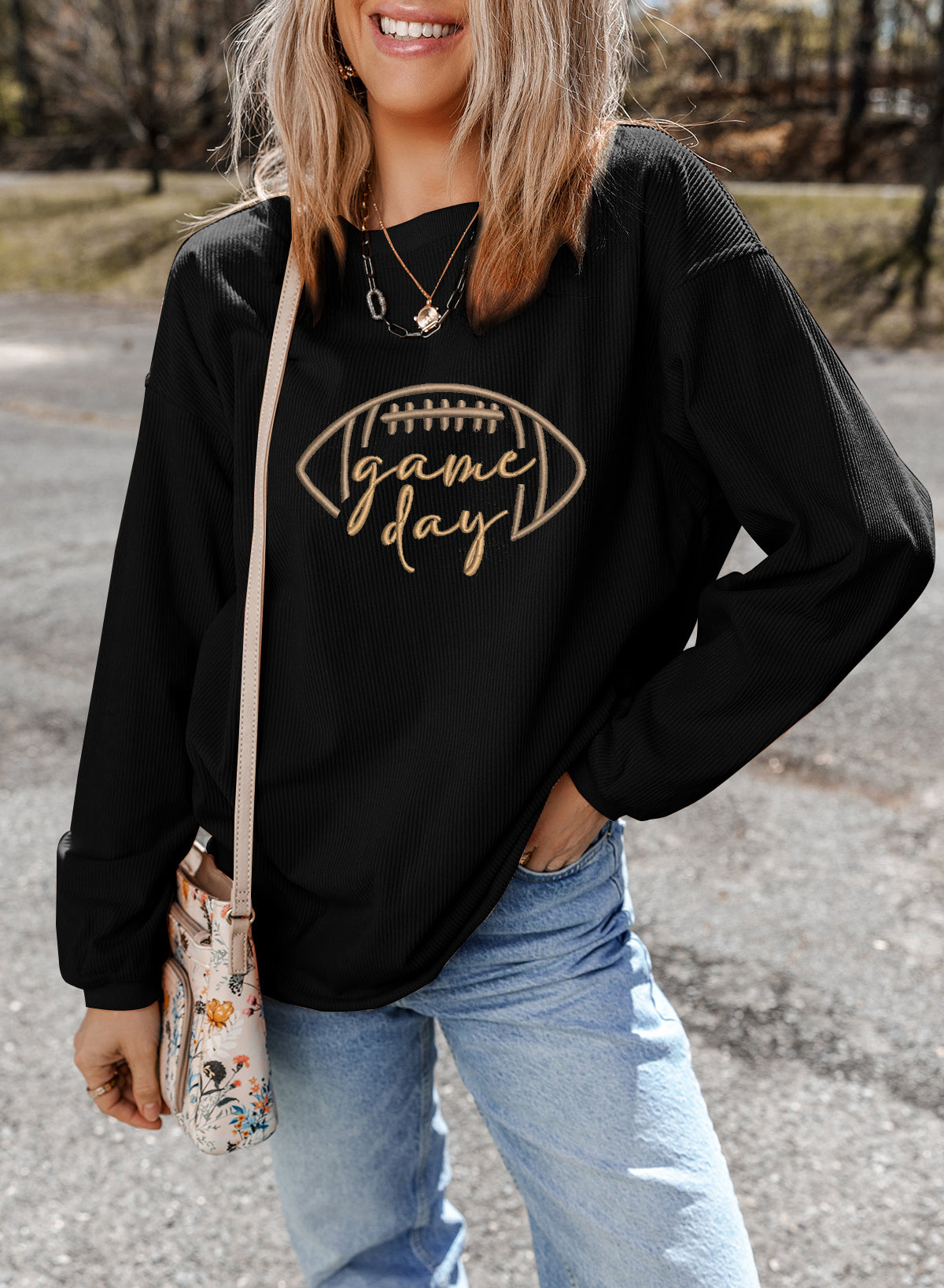 Black Football Graphic Drop Shoulder Game Day Corded Sweatshirt