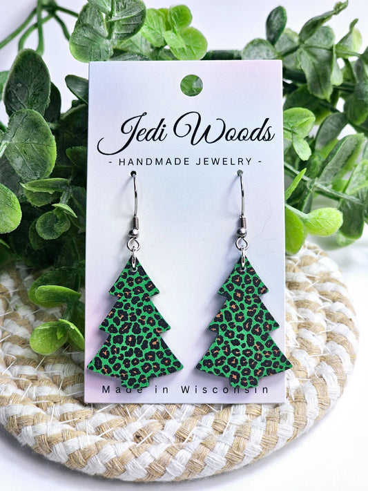 Green Leopard Christmas Tree Earrings