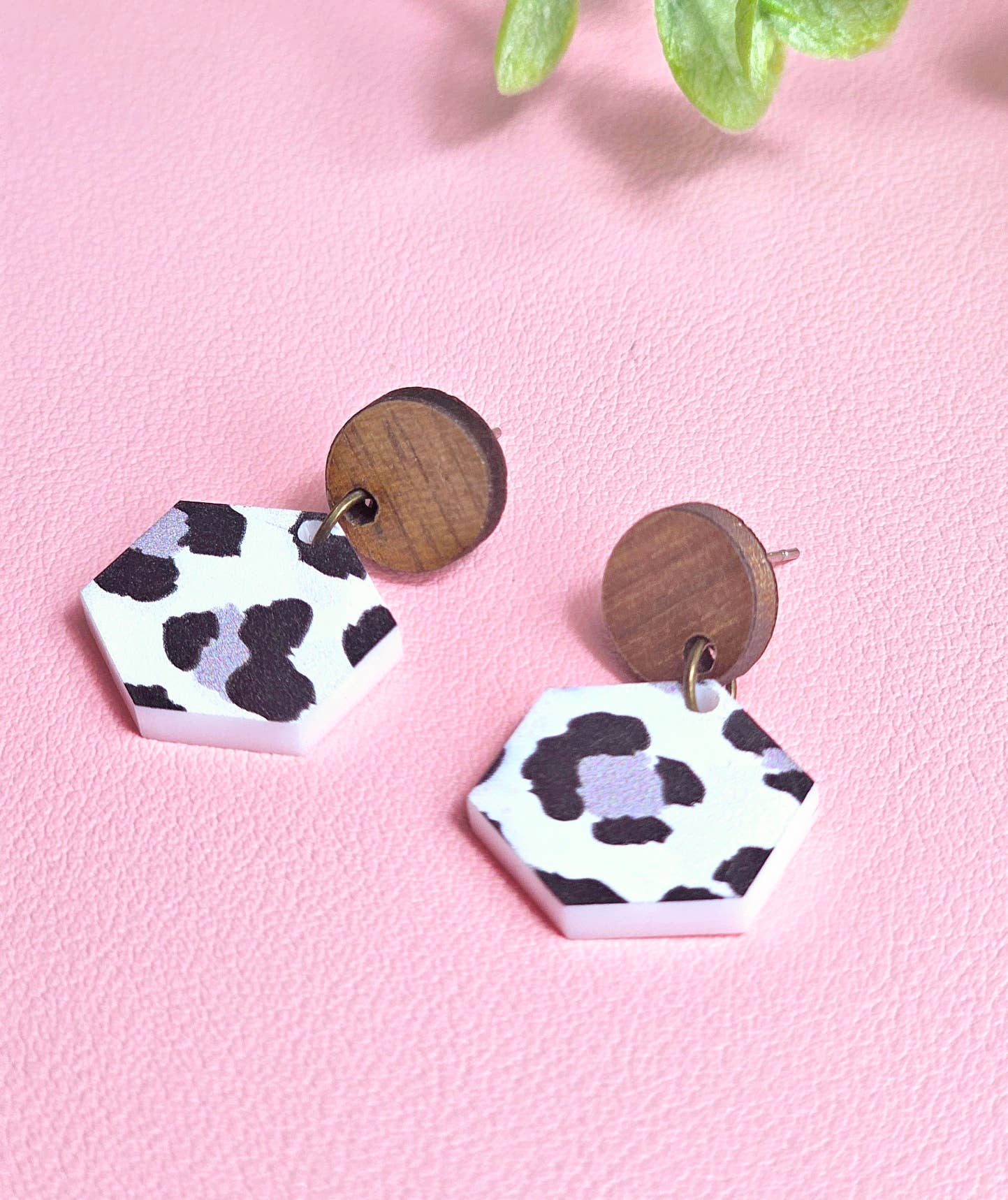 Black and White Cheetah Print Earring with Wood Stud Topper