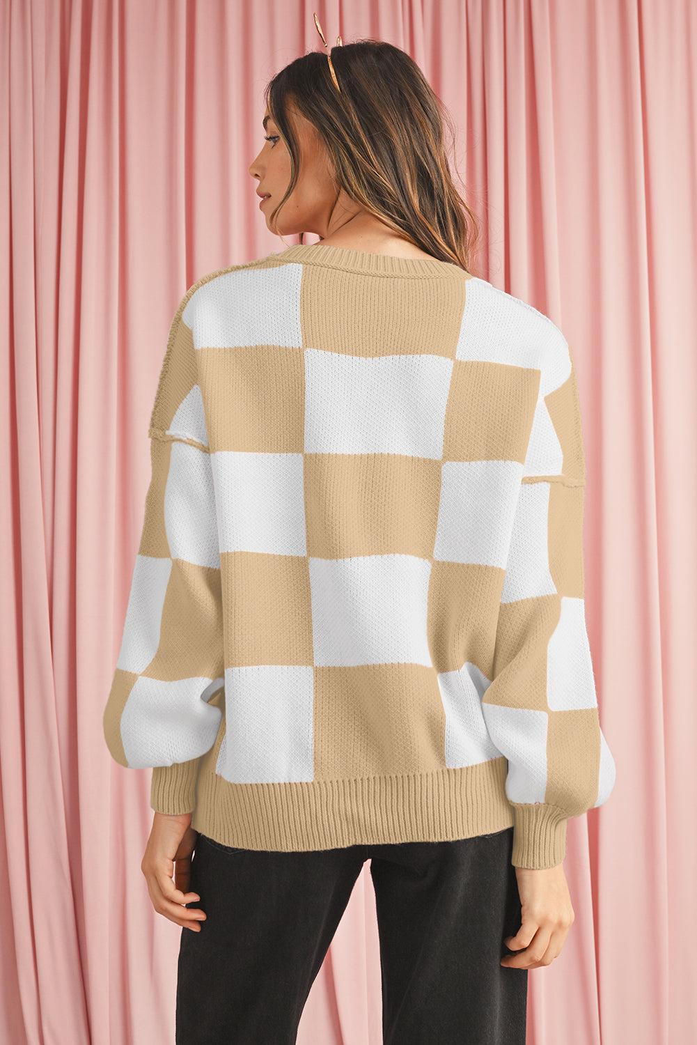 Green Checkered Bishop Sleeve Pullover Sweater