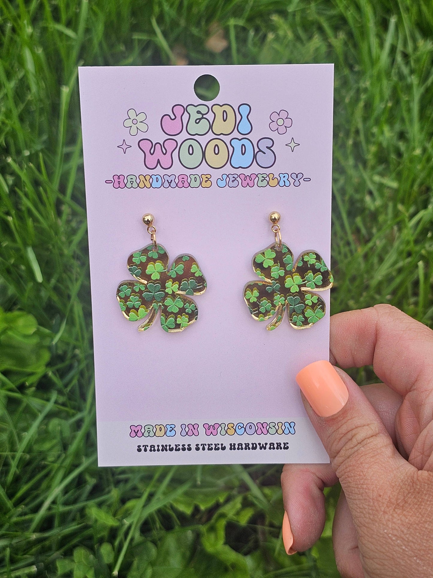 Gold Mirror Clover Earrings for St. Patricks Day