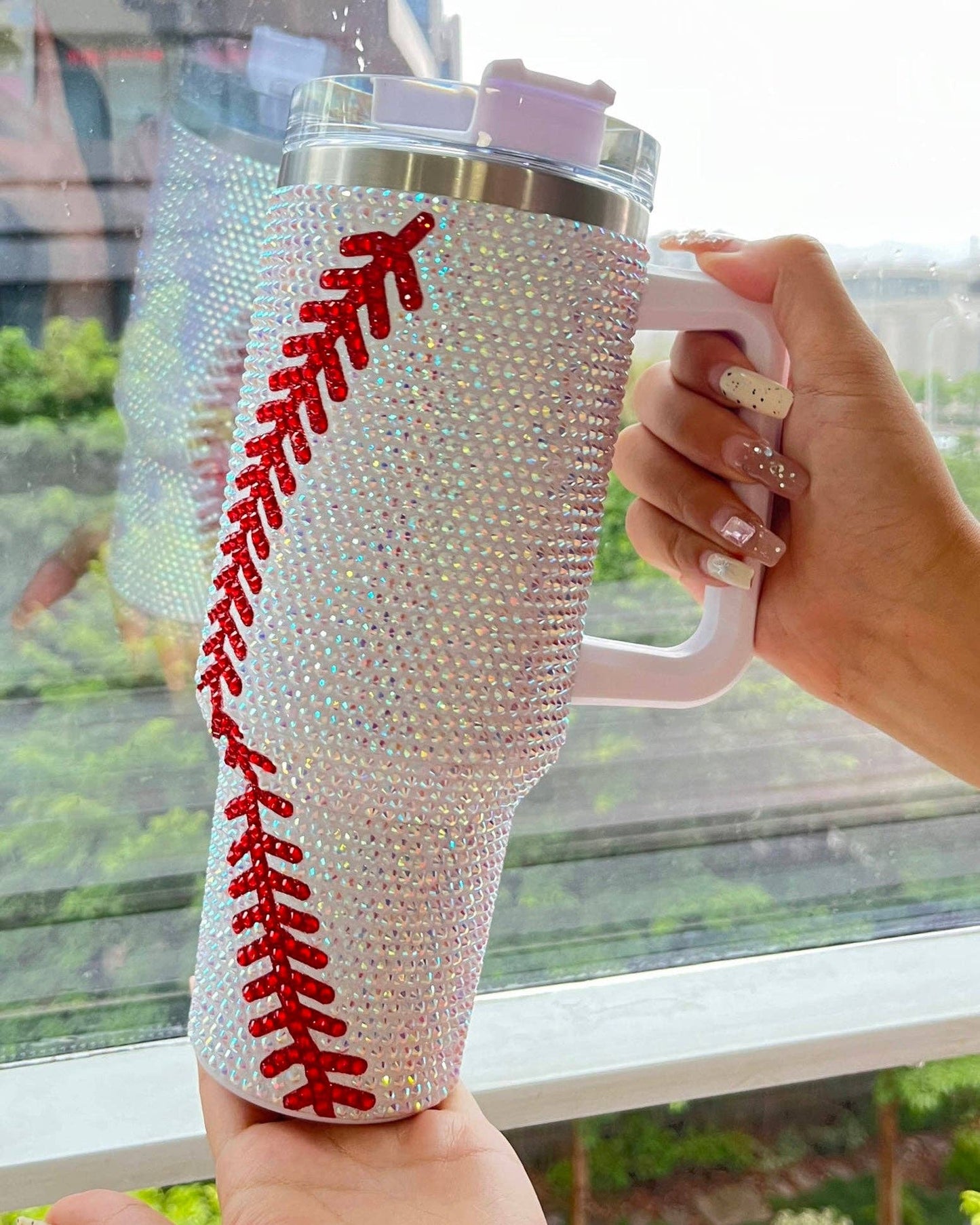 40 Oz. Crystal Baseball White/Red Tumbler
