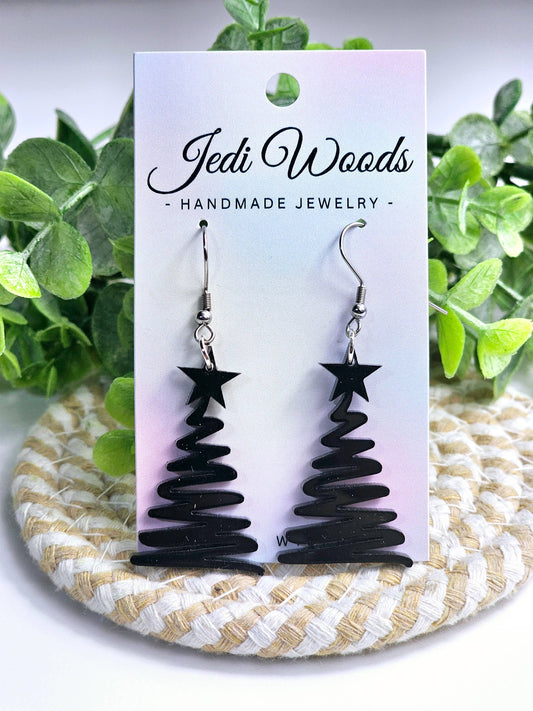 Gothic Black Squiggly Christmas Tree Earrings