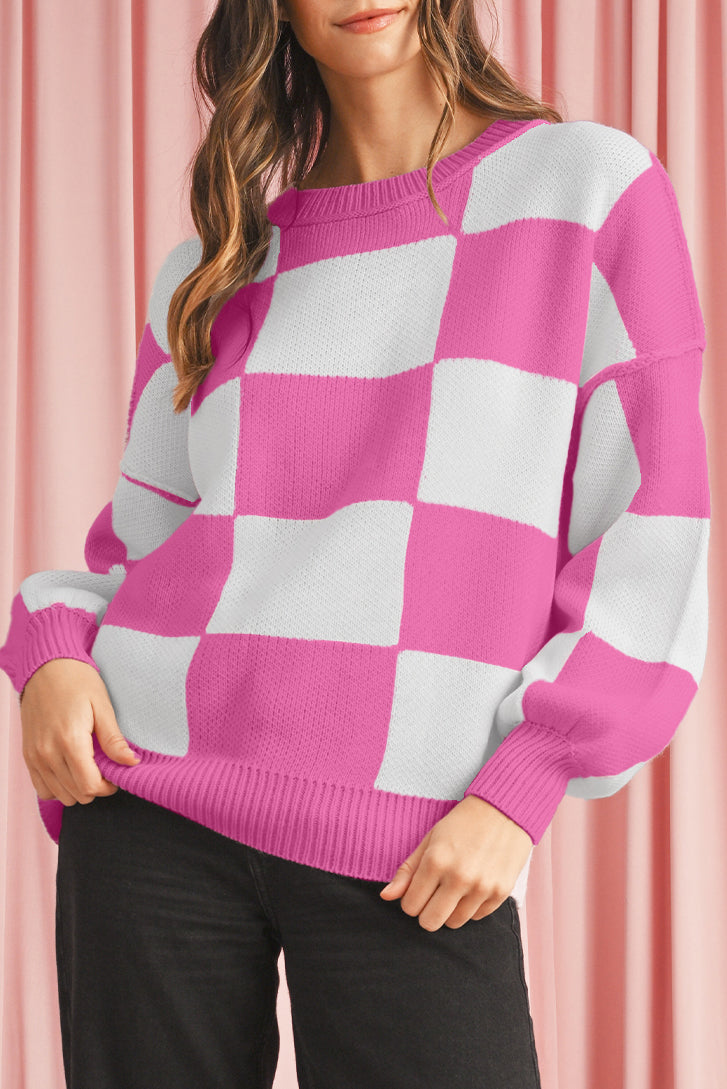 Green Checkered Bishop Sleeve Pullover Sweater