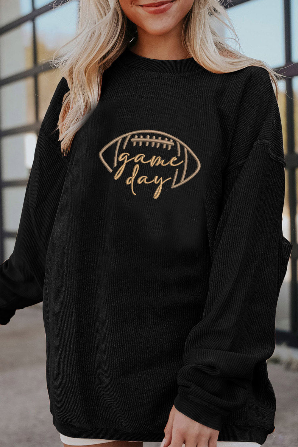 Black Football Graphic Drop Shoulder Game Day Corded Sweatshirt