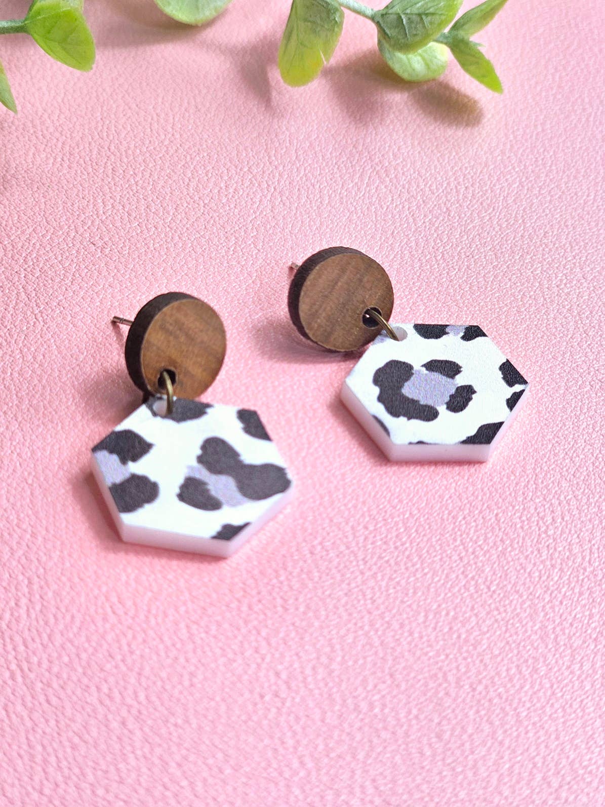 Black and White Cheetah Print Earring with Wood Stud Topper