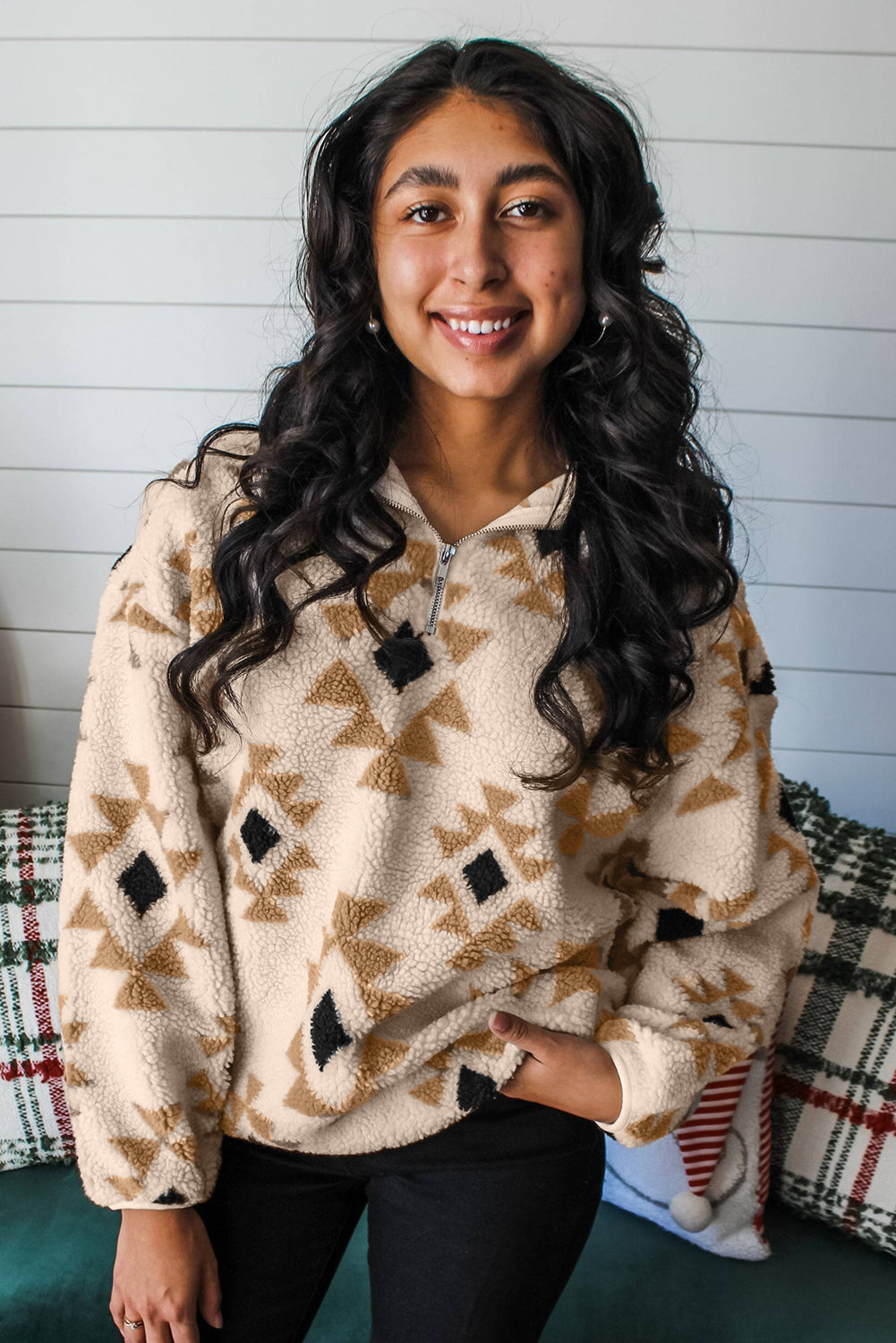 Khaki Geometric Print Sherpa Quarter Zip Collar Sweatshirt