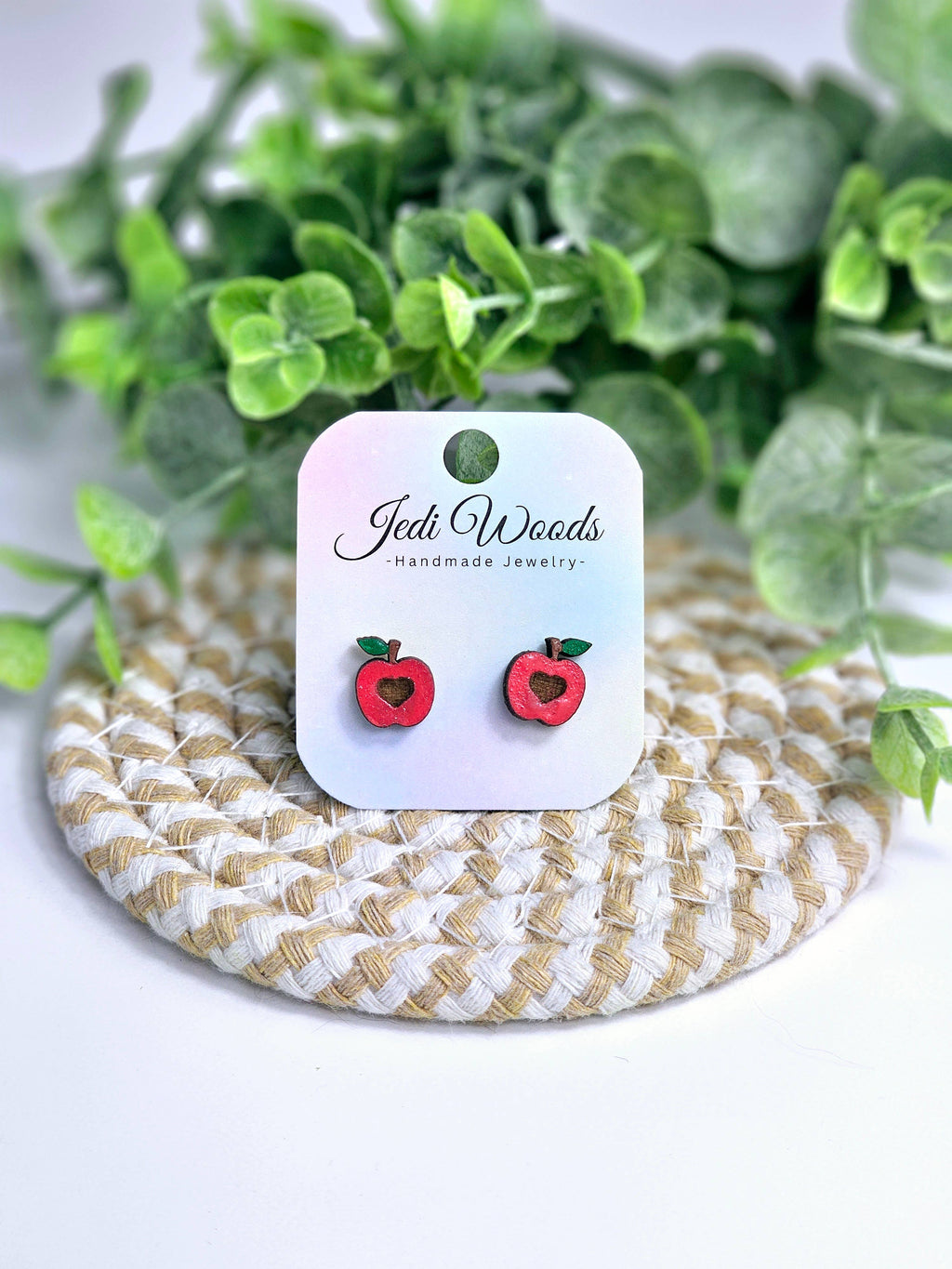 Wooden Apple Earrings, Handpainted, Stainless Steel Hardware