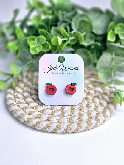 Wooden Apple Earrings, Handpainted, Stainless Steel Hardware