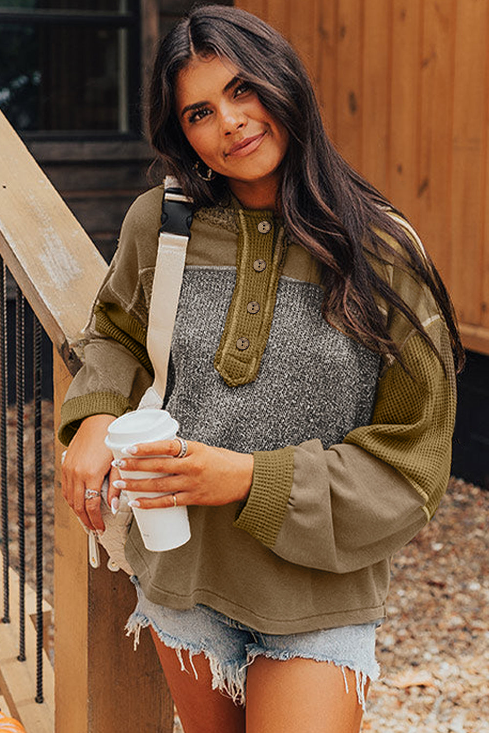 Jungle Green Mixed Texture Patchwork Exposed Seam Half Button Hooded Sweatshirt