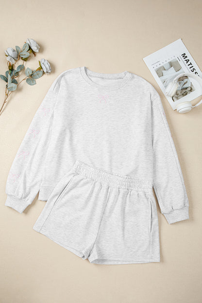 Sachet Pink Bow Embroidery Long Sleeve Pullover and High Waist Shorts Set