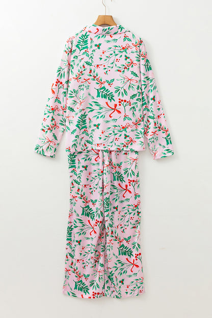 Pink Plants Print Plush Edge Collar Shirt Pants Pajama Set