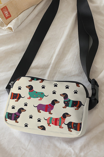 White Dachshund Walking Footprint Crossbody Bag