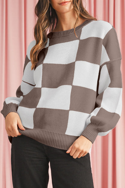 Green Checkered Bishop Sleeve Pullover Sweater