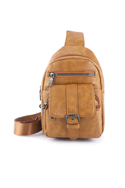 Khaki Vintage Zipper Multi Pockets PU Sling Bag
