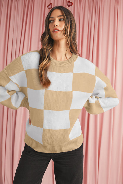 Green Checkered Bishop Sleeve Pullover Sweater
