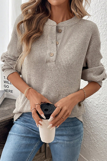 Simply Taupe Ribbed Texture Drop Shoulder Henley Knit Top